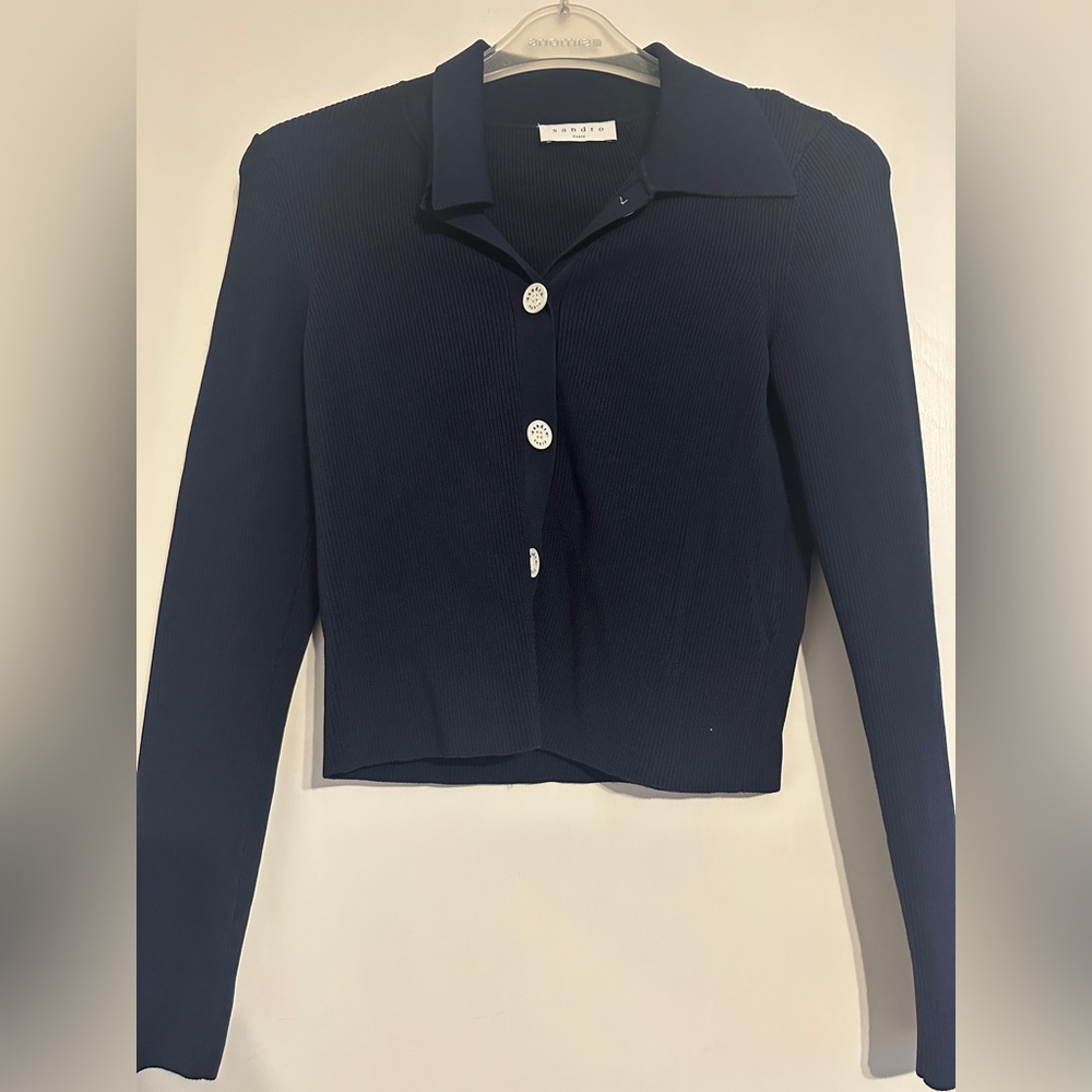 Sandro Navy Ribbed Stretch button down Top size 1 (small)